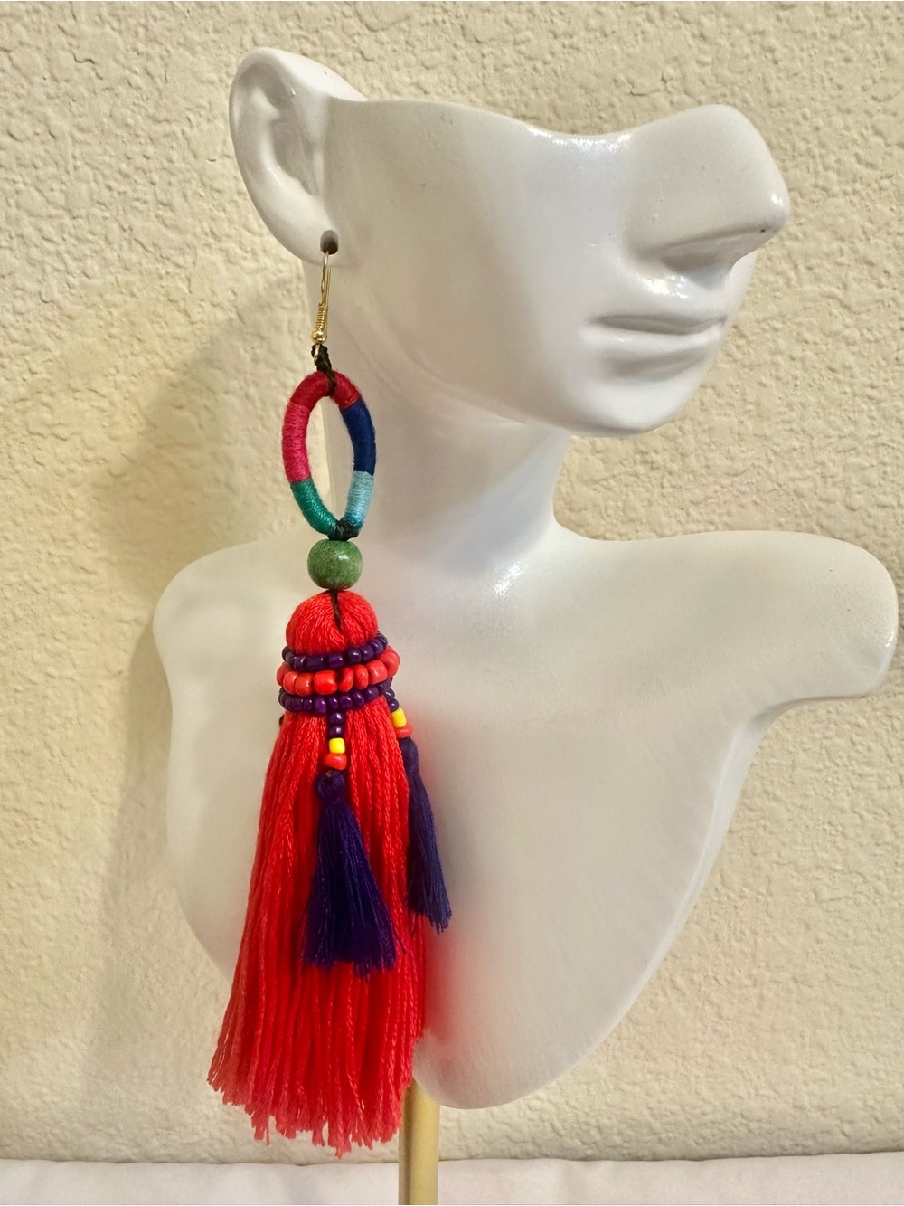 6” Handmade Bohemian Red Tassel Drop Earrings with Multicolor Accents